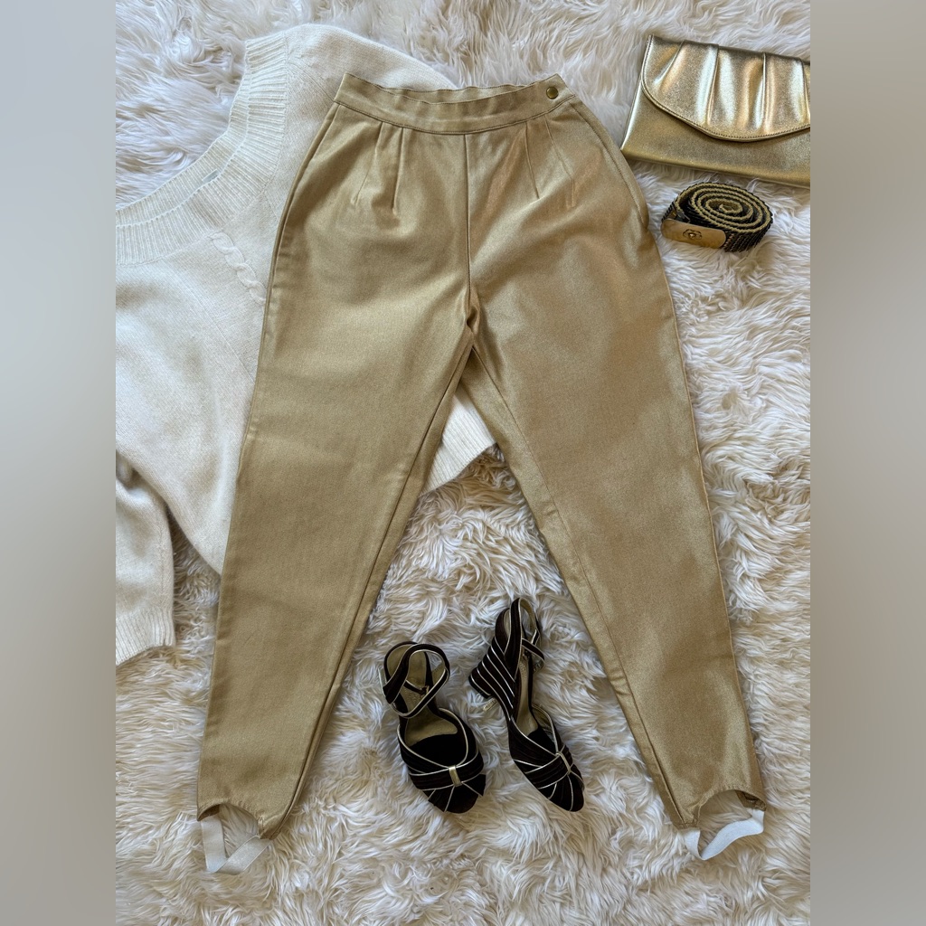 Vintage Stirrup Pants, Shimmery Gold, Skinny, Tapered, 60’s Look, Xxs-Xs